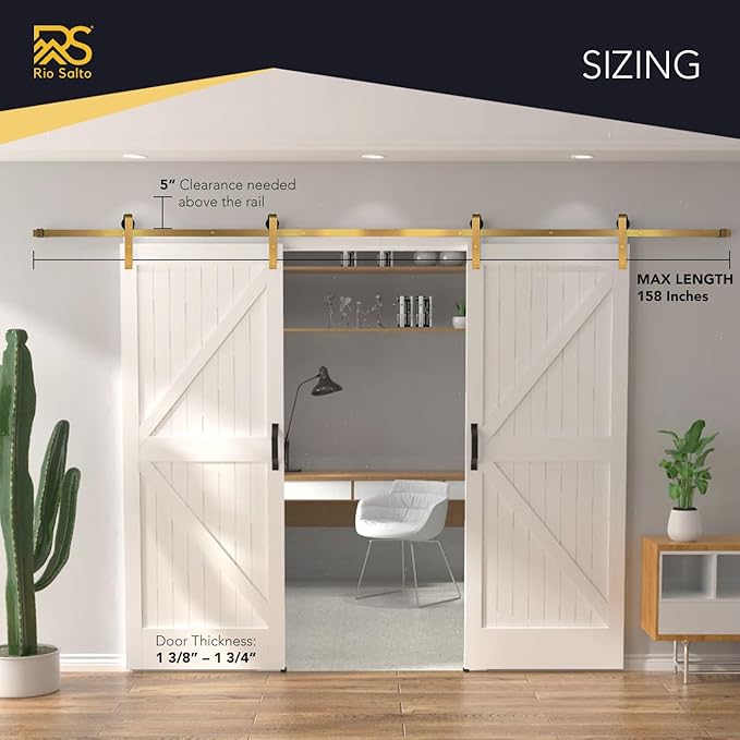 Rio Salto Gold Barn Door Hardware Kit Adjustable Length Sliding Hardware Modern Barn Interior Brushed Brass Panel Hardware Hardware Kit, (2) 6ft Single Door - NO Door