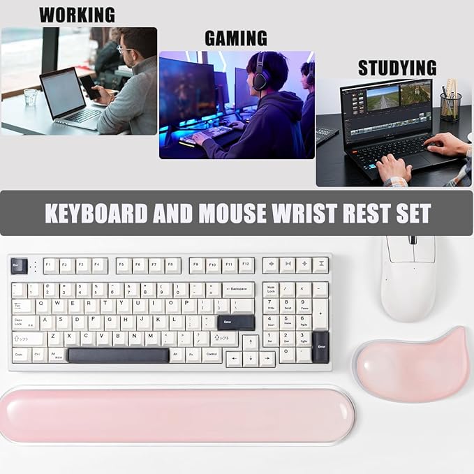 Gel Keyboard and Mouse Wrist Rest Set –Pink Clear Wrist Rest for Computer Keyboard 60%/68%/75%, Comfort & Support for Typing and Gaming