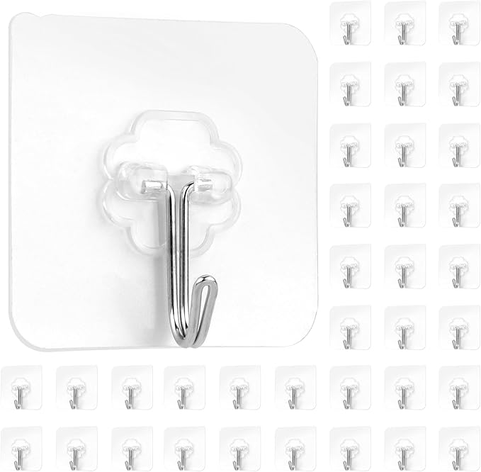 Adhesive Hooks for Hanging,Adhesive Wall Hooks,36 Pcs15LB Sticky Hooks,Clear Hooks for Walls,Shower Hooks,Utility Hooks,Kitchen Hook