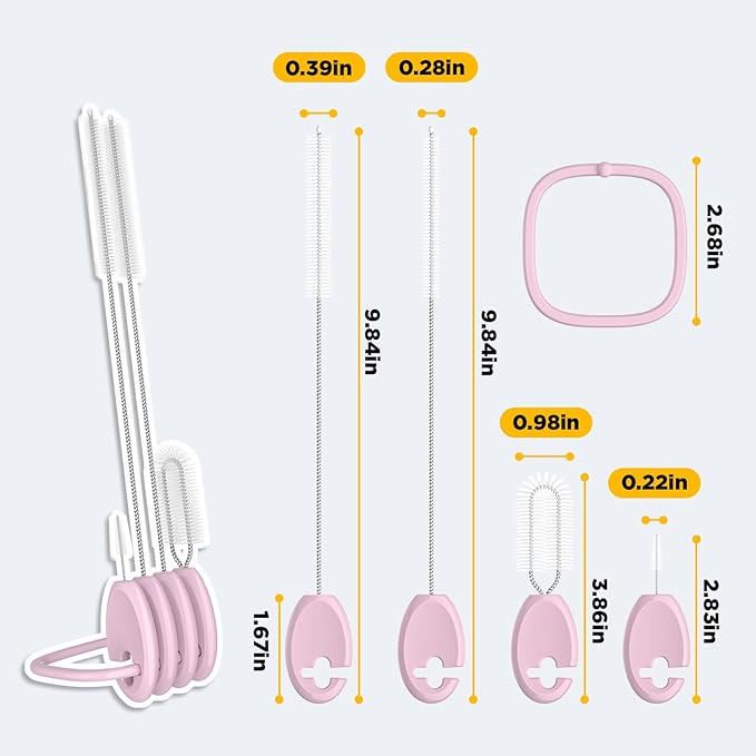 Straw Brush Set, 4 Piece Cleaner Kit with Standable Key Ring for Reusable Straws, Tumblers & Water Bottles – Designed for Kids & Adults, Pink
