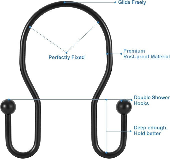 12 Pack Double Shower Curtain Hooks Rings, TENOVEL Double Sided Shower Curtain Hooks Rust Proof for Shower Curtain, Stainless Steel Bathroom Shower Hangers Rings for Shower Rods, Matte Black