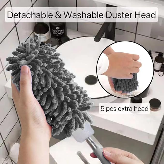 Microfiber Duster for Cleaning,6 Pcs Hand Washable Dusters with 11" to 29.5" Reachable Pole,Small Dusters for Cleaning Office Car Computer Furniture Sofa Ceiling Fan (Grey)