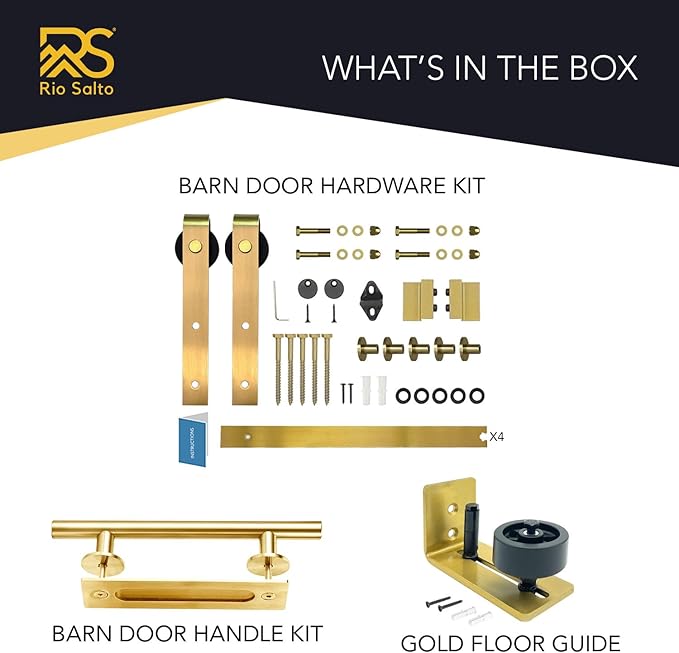 Rio Salto Gold Barn Door Hardware Kit Adjustable Length Sliding Door Hardware Modern Barn Interior Brushed Brass Panel Hardware (Hardware Kit Plus, 9 Feet - Single Door)