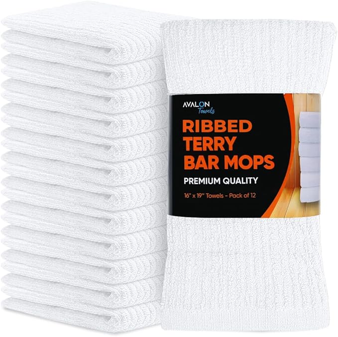 Avalon Towels Ribbed Bar Mop Towels (Value Pack of 12) Size 16"x19" – Absorbent and Durable, Multipurpose Cleaning Rags, Cotton Cleaning Towels, Terry Cloth Rags, Reusable Shop Rags