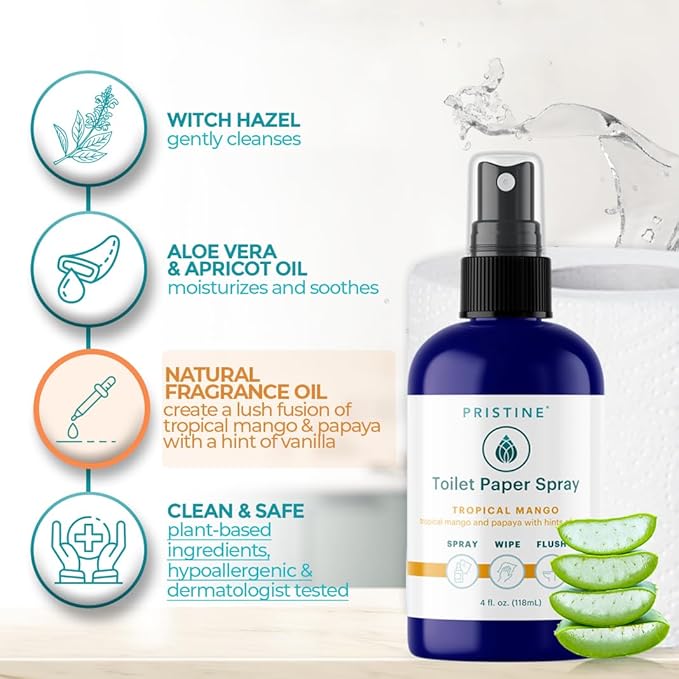 PRISTINE Toilet Paper Spray - As Seen on Shark Tank, More Natural Personal Cleansing Wipes & Flushable Wet Wipes Alternative, Spray Toilet Paper to Create Flushable Wipe, Tropical Mango, 1 fl oz