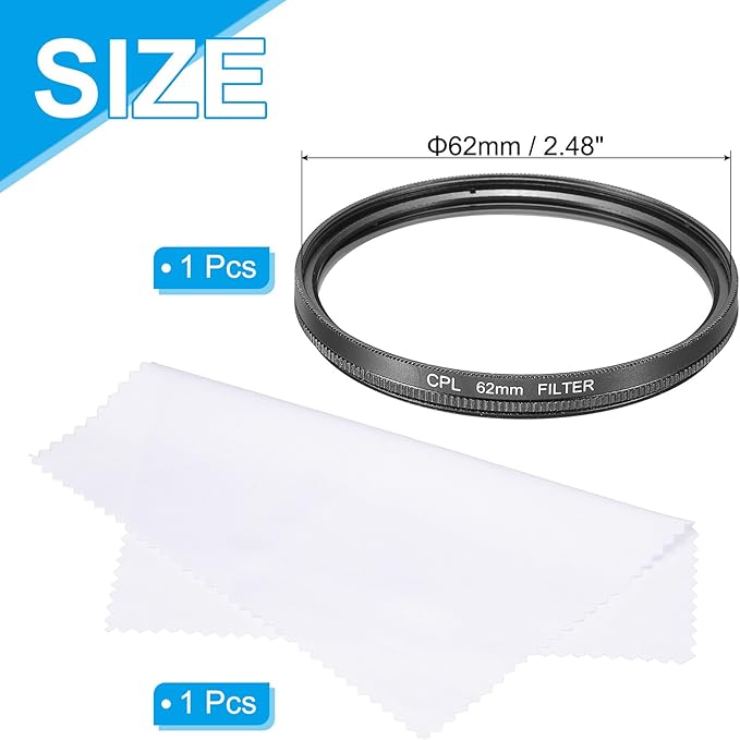MECCANIXITY 62mm Circular Polarizer Filter, Double Sided Multi-Layer Coatings Polarizing Filter with Cleaning Cloth for Camera Lens