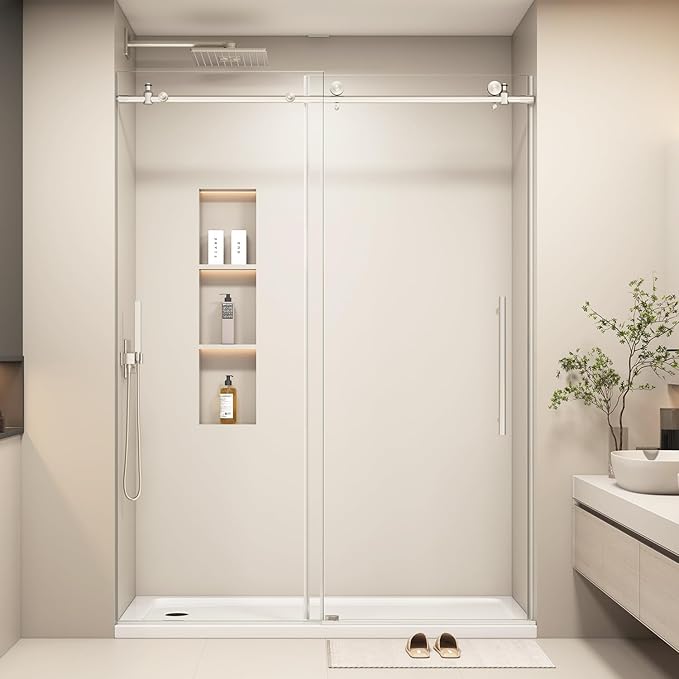 55-60” W x 76" H Single Sliding Shower Door, Frameless Shower Door with Explosion-Proof Film and Nano Coating, 1/4” (6MM) SGCC Tempered Glass, Stainless Steel Hardware, Brushed Nickel