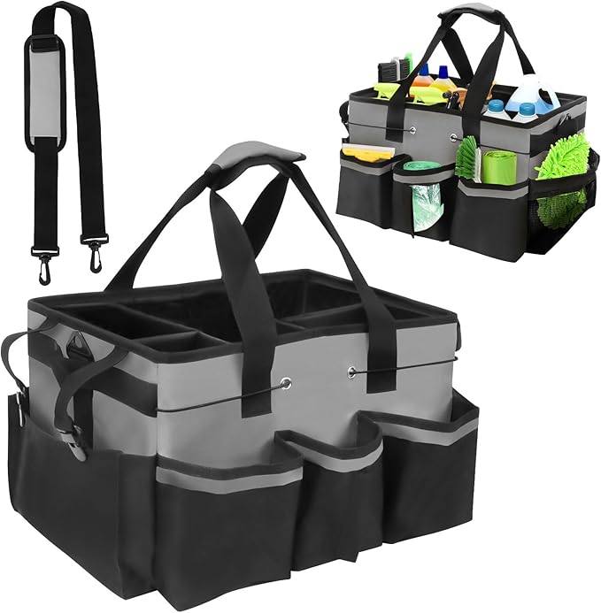 Wearable Cleaning Caddy Organizer with Handle & Shoulder Straps for Cleaners, 5 Compartments, Housekeeping Tote for Kitchen & Bathroom, Car Tool Caddy Organizer Bag (gray)