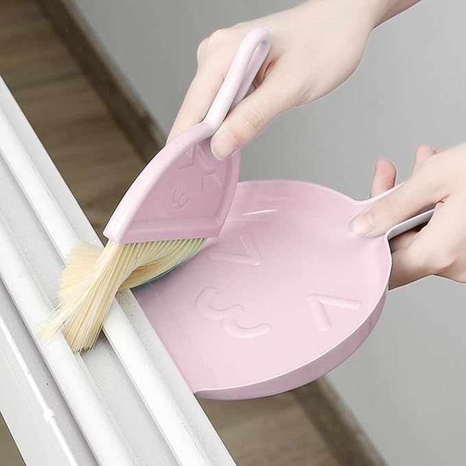 Mini Broom and Dustpan Set for Desk, Small Hanging Keyboard Cleaning Kit with Soft Rubber Dustpan Lip, Portable Desktop Cleaning Tool (Pink)