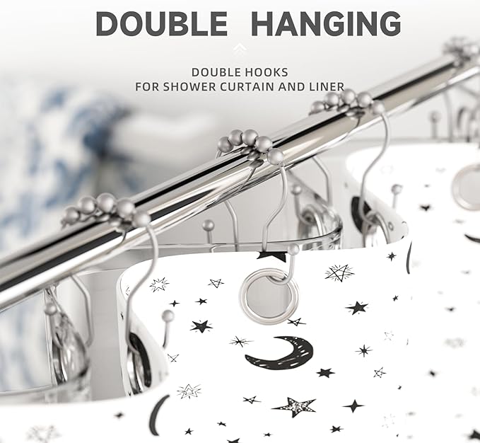 Shower Curtain Hooks Silver, Bathway Shower Curtain Rings Rust Proof, Shower Hooks for Shower Curtain Balanced Smooth Glide Double Shower Curtain Hooks, 12 Pcs