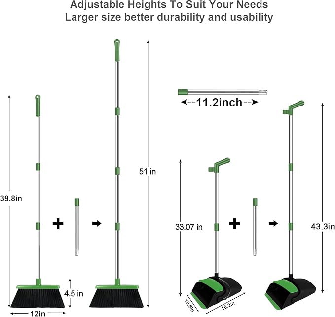 Green Broom with Dustpan Combo Set, 51" Long Handle Household Kit for Home for Pet Hair
