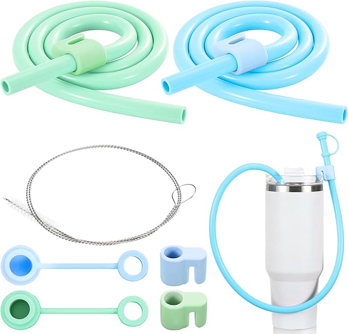 Baderke 2 Set Extra Long 35" Reusable Silicone Straws Compatible with Stanley 40 oz Tumbler Large Water Wine Bottle Flexible Drinking Straws & Cleaning Brushes Tumbler Accessories (Blue)