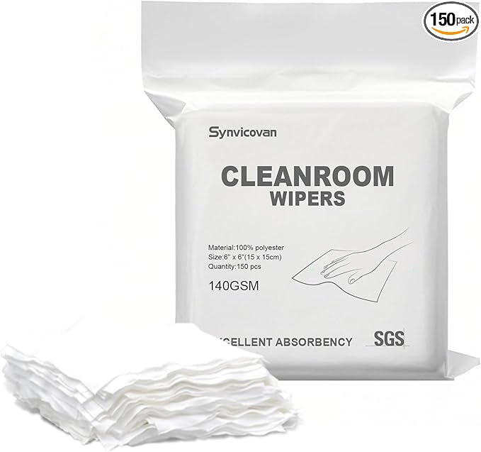 Cleanroom Wipers 6"x6"(150 Pcs, 100% Polyester, Class 100, 140GSM) Double Knit 100% Lint Free Cloths with Ultra-fine Filaments, Laser Sealed Edge Ultra-Soft Wipers