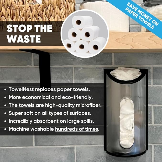 TowelNest Microfiber Cloth Dispenser | 15 Reusable Cloths (Black) | Eco-Friendly Paper Towel Alternative | Absorbent & Washable | Wall/Cabinet Mount (3M Adhesive & Screws Included)