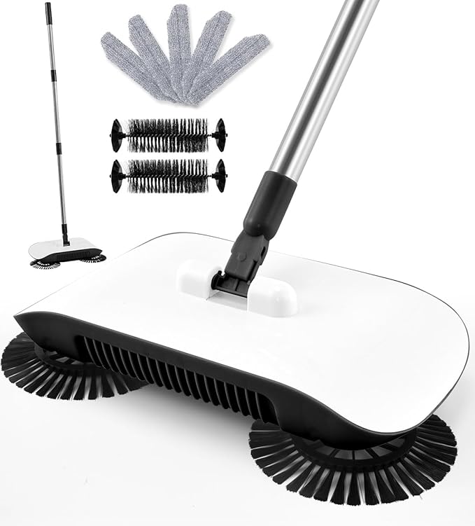 Manual Floor Sweeper Black - 7 Replacement Parts, Dry Wet Pickup for Hardwood Tile Marble, Pet Hair Small Debris Cleaner, No Power Needed, Home Office Use