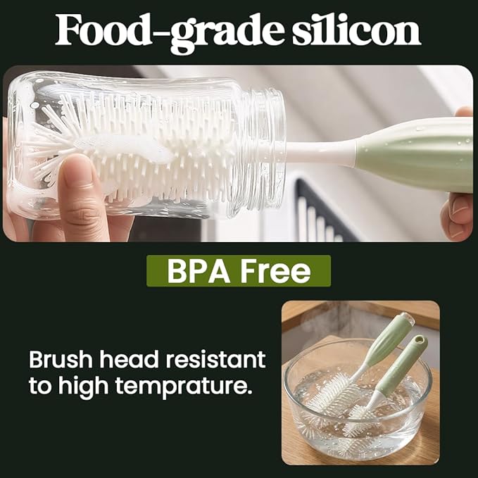 Bottle Brush Set Cleaner Silicone Brushes - Premium Food-Grade Silicone - Travel Friendly Portable Baby Bottle Cleaner Kit (Green, Press Bubble Style)