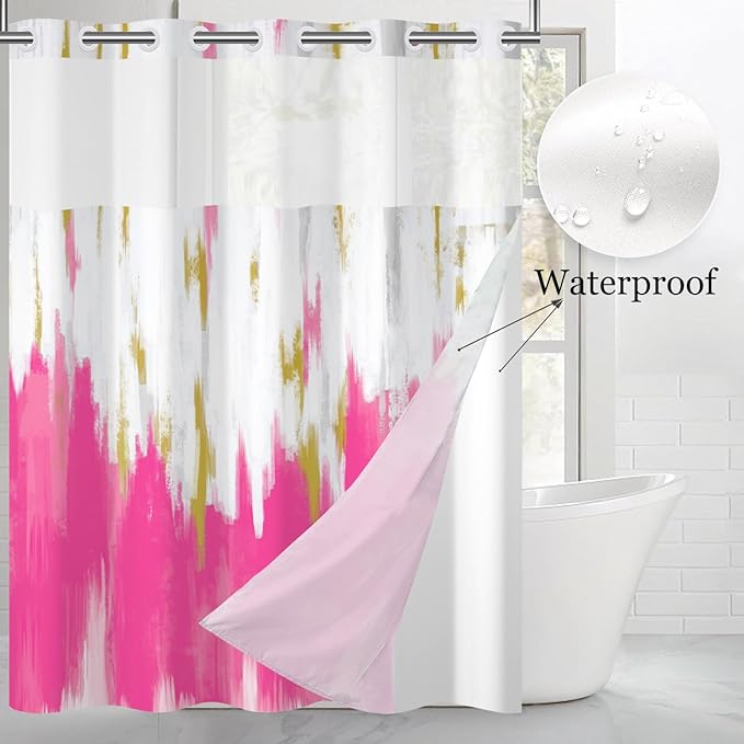 No Hook Shower Curtain with Snap in Liner, Hotel Style Hot Pink White Gold Brush Strokes Art Modern Shower Curtain Waterpoof Washable with See Through Top Window,71"x71"
