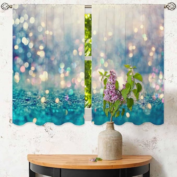 Blue Glitter Pattern Kitchen Curtains Beautiful Abstract Shiny Light Blur Bokeh Short Tier Curtains for Bathroom Cafe Small Window Drapes Treatment 2 Panels (27.5x39 Inch)