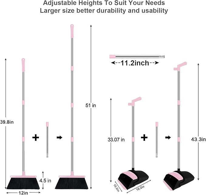Pink Broom with Dustpan Combo Set, 51" Long Handle Household Kit for Home for Pet Hair