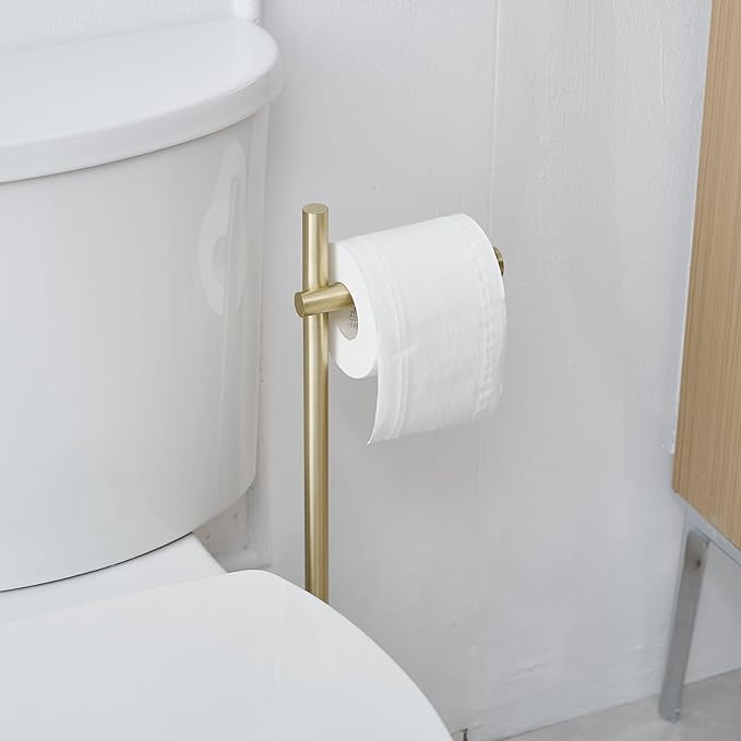 BWE Toilet Paper Holder Free Standing Toilet Paper Holder for Bathroom Gold Toilet Paper Storage Holder Stand with Non-Slip Stable Base Modern Stainless Steel Toilet Tissue