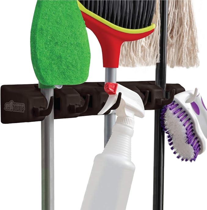 GORILLA GRIP Wall Mount Hook Fixture, Also Includes Slots to Hold Mop, Broom, Tools, Easy Install, Organize Cleaners, Tools, Home, Kitchen, Garage, 6 Hooks 5 Slots, Brown