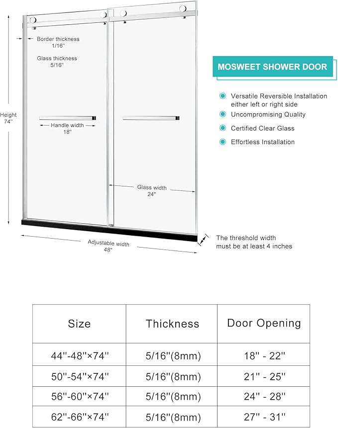 Milano Double Sliding Shower Door, 48 in.W x 74 in.H Framed Shower Door 5/16"(8mm) Clear Tempered Glass, 18 inch Pull Handle, Stainless Steel Hardware, Polished Chrome Finished