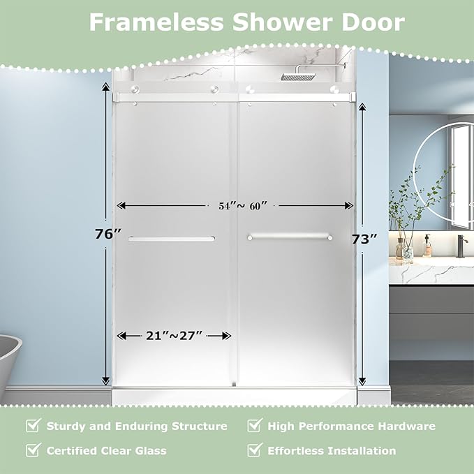 55"-60" W x 76" H Frameless Frosted Shower Door, Double Sliding Shower Door,5/16"(8mm) Tempered Glass,Sliding Shower Door with Explosion-Proof Film (Frosted Nickel 60" Wx76 H)
