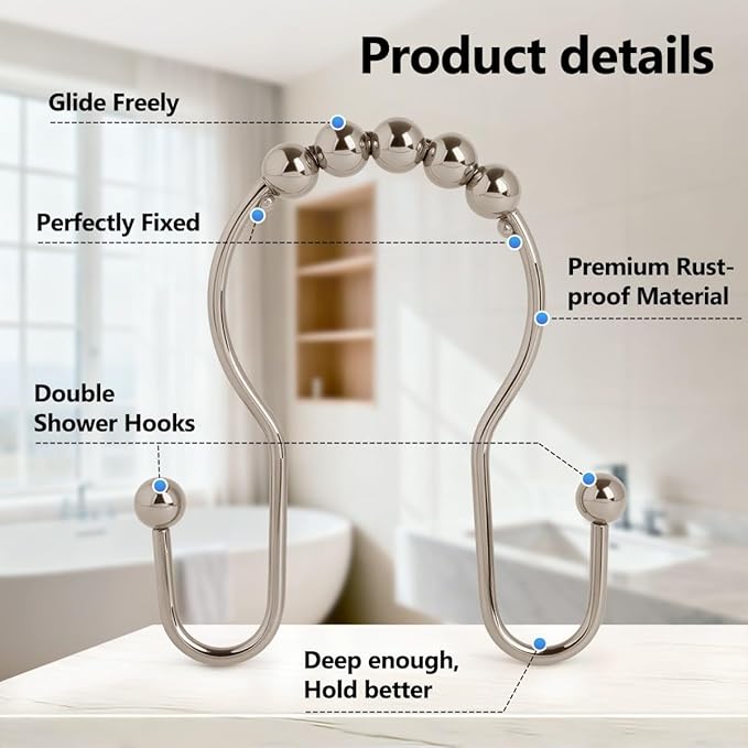 Double Shower Curtain Hooks, Sturdy Metal Nickel Shower Curtain Rings, Glide Roller Shower Hooks,Rust Proof Anti-Drop Curtain Hooks, 12 Pcs Smooth Sliding Rings for Bathroom Shower Rods Curtains