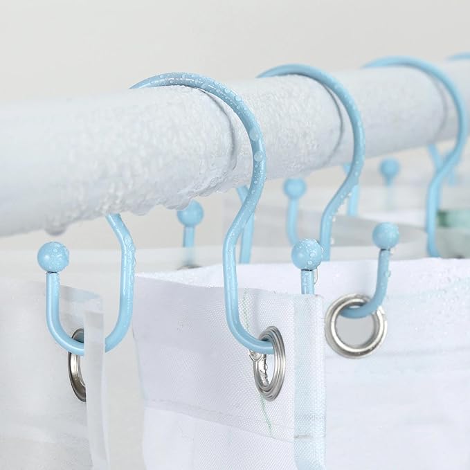 Goowin Shower Curtain Hooks, 12 Pcs Shower Curtain Rings, Stainless Steel Shower Curtain Hangers, Metal Shower Curtain Hooks Rings Rust Proof, Minimalist Shower Hooks for Shower Curtain, Blue
