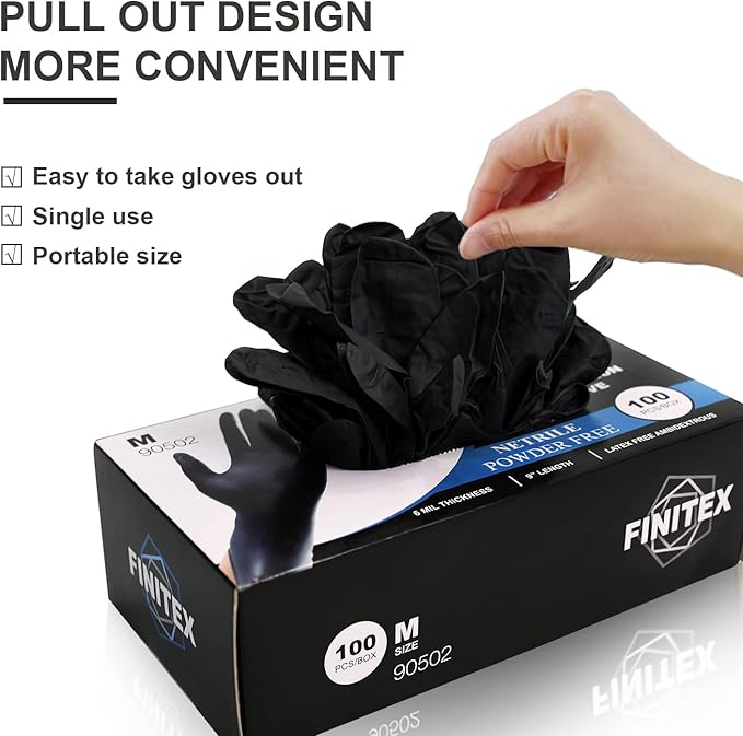 FINITEX Black Nitrile Disposable Medical Exam Gloves - 100/1000 PCS 6.3mil Powder-Free Latex-Free Food Gloves