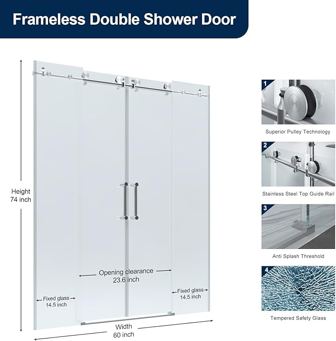 56-60" x 74" Double Sliding Shower Door,Frameless Shower Enclosure 5/16" (8mm) Clear Tempered Glass,Stainless Steel Circular Guide Rail, Brushed Nickel Finished