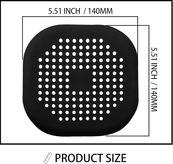 2 Pack 5.5 Inch / 140mm Drain Hair Catcher, Silicone Sink Drain Strainer Square Shower Drain Hair Catcher, Drain Protector Hair Catcher Hair Stopper for Bathroom Bathtub (Black)