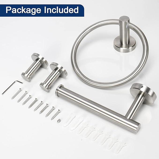 NearMoon 4 Pieces Bath Hardware Set, Include Hand Towel Ring, Toilet Paper Holder and 2 Robe Towel Hooks, Stainless Steel Bathroom Accessories Wall Mounted (Brushed Nickel)
