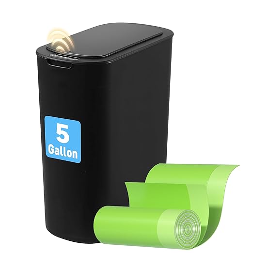 5 Gallon Bathroom Automatic Trash Can with Lid, Motion Sensor Touchless Trash Bin,Smart Electric Slim Waterproof Garbage Bin for Toilet, Office, Kitchen, Bedroom, Living Room (Black)