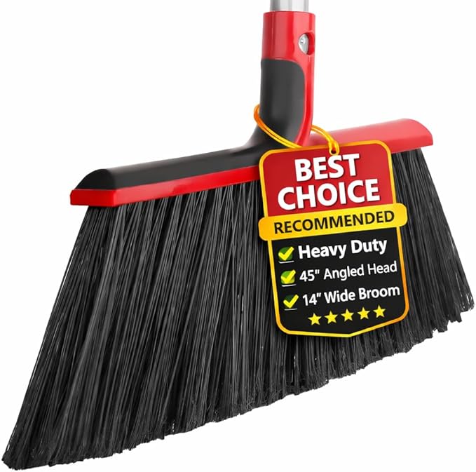 Heavy Duty Angle Broom with 58″ Long Handle, 14″ Wide Stiff Bristles for Indoor & Outdoor Sweeping, Garage, Patio, Deck, Concrete & Debris Removal