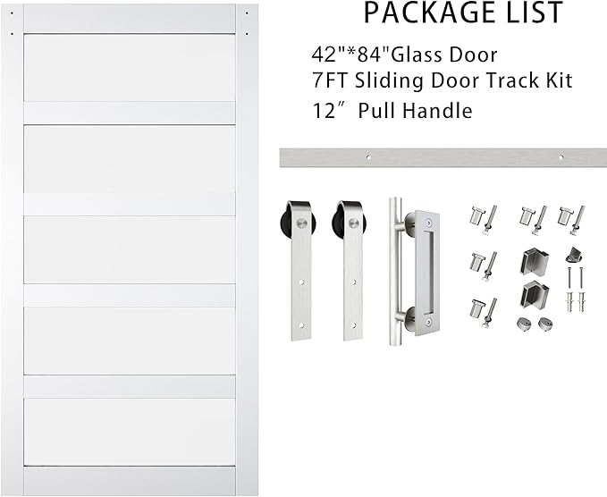 BARNSMITH 42in x 84in Glass Barn Door with 7FT Brushed Nickle Sliding Door Hardware Kit Included & Handle,5-Panel Frosted Glass Solid Wood Water-Proof PVC Surface,Pre-Drilled Easy Assembly,White