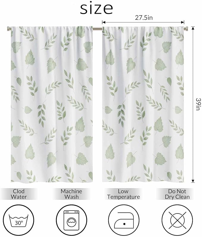 Green Botanical Kitchen Curtains Watercolor Green Leaves and Branches Nature Short Tier Curtains for Bathroom Cafe Small Window Drapes Treatment 2 Panels (27.5x39 Inch)