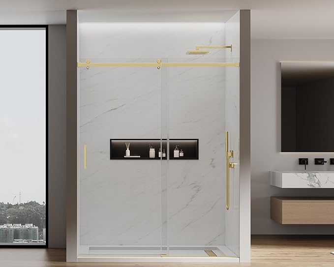 56-60" W x 74" H Frameless Sliding Shower Door, 5/16"(8mm) Clear Tempered Glass, Premium SUS304 Stainless Steel Hardware, Double Nano Coating, JVR-X02 (Brushed Gold)
