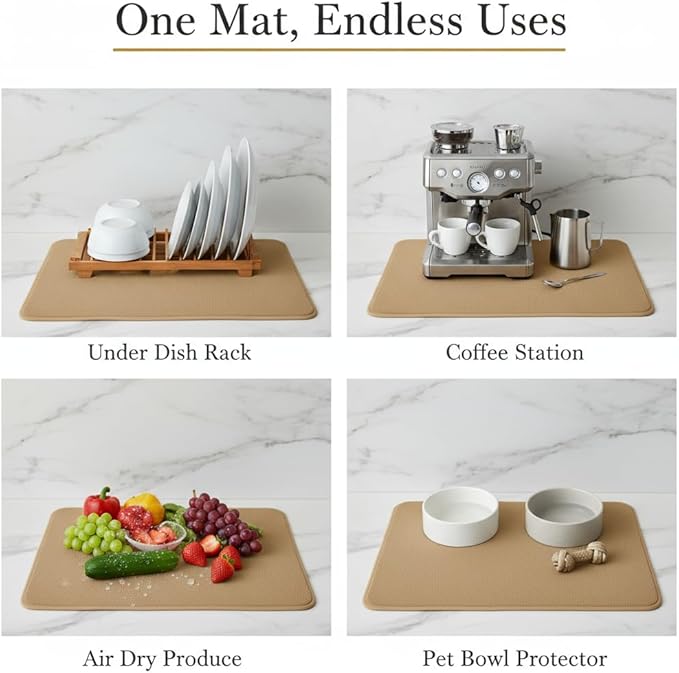 Dish Drying Mat Super Absorbent – 16" x 18" Coffee Mat for Countertops – Non-Slip Drying Mat for Kitchen Counter – Easy to Clean Water Absorbent Mat – Large Dish Drying Mats (Chowning's Tan)