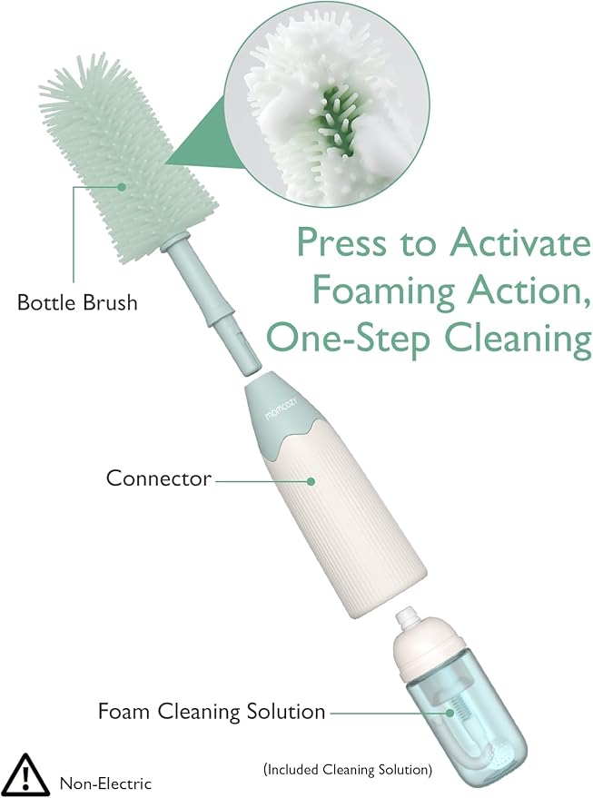 Momcozy Bottle Brush Kit, Innovative Push-Press Design for Better Cleaning - Baby Bottle Cleaner Brush for Baby Bottle, Breast Pumps, Nipples, and More - Can Generate Foam for Better Cleaning, Green