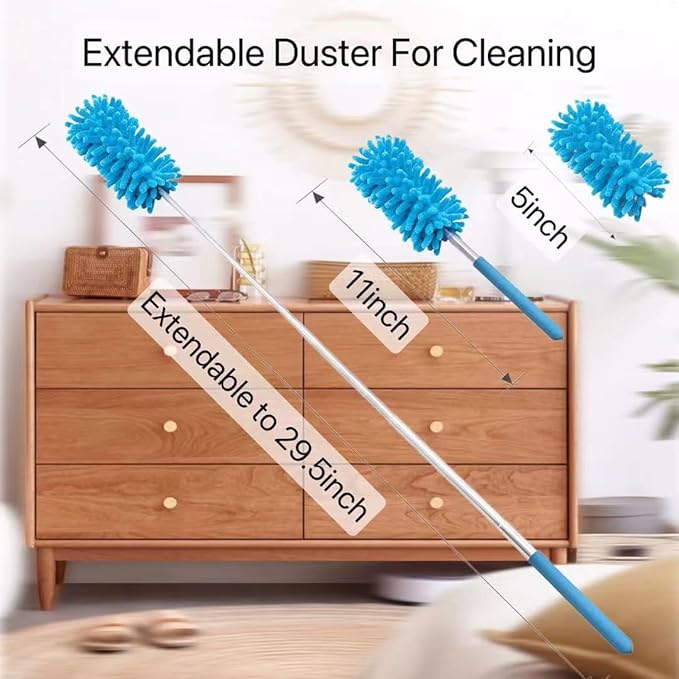Microfiber Duster for Cleaning,6 Pcs Hand Washable Dusters with 11" to 29.5" Reachable Pole,Small Dusters for Cleaning Office Car Computer Furniture Sofa Ceiling Fan (Blue)