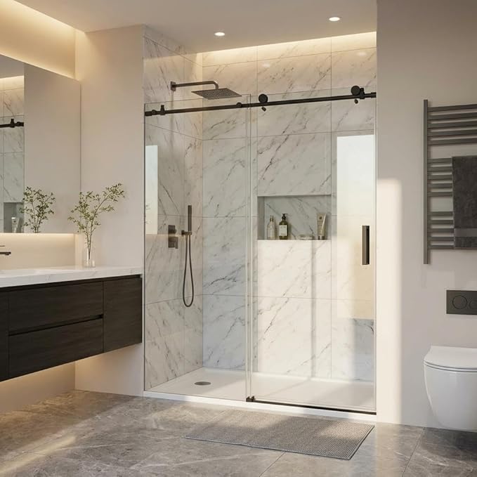 Frameless Shower Door, Adjustable 56"-60" Width x 76" Height, 6mm (1/4") SGCC Tempered Clear Glass with Easy-Clean Coating, Matte Black Stainless Steel Top Rail, One Fixed One Sliding
