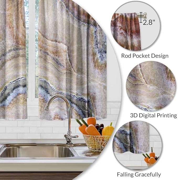 Onyx Marble Kitchen Curtains Nature Stone Surface Pattern Rock Granite Texture Short Tier Curtains for Bathroom Cafe Small Window Drapes Treatment 2 Panels (27.5x39 Inch)