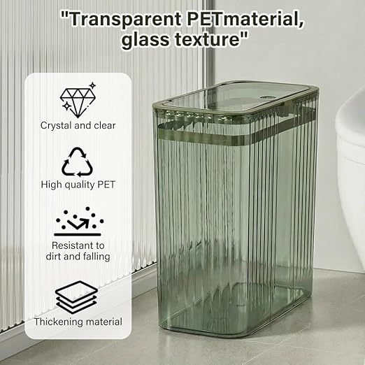 Bathroom Trash Can with Lid3.5 Gallon Garbage Can，for Bedroom, Office, Plastic Slim Waste Basket with Press Top Lid, 15l Clear Trash Bin for Home Slim Trash Bin Clear, Kitchen （Green）