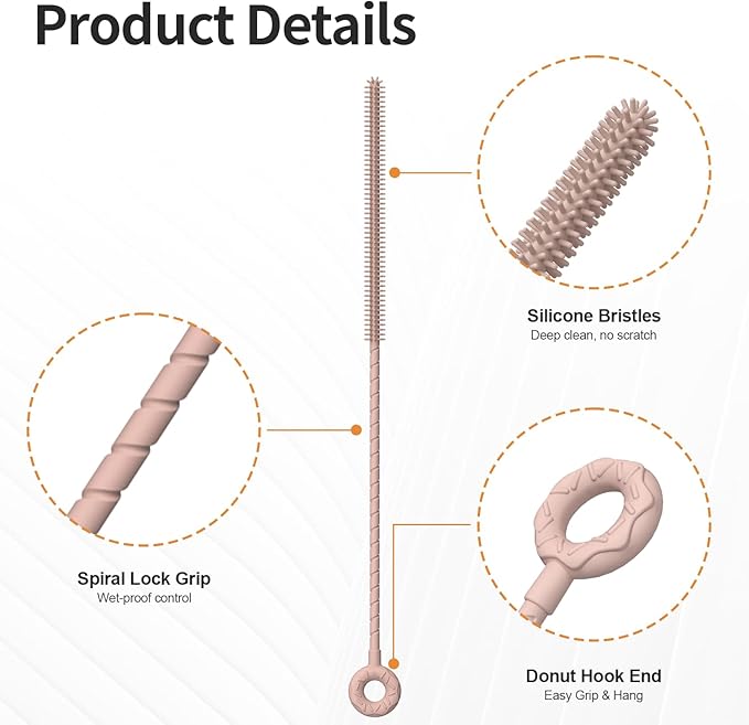2Pcs Silicone Straw Cleaner Brush, Dual-Size Brushes (6mm Slim & 9mm Wide), Clean for Reusable Straws, Cups and Tumblers, Durable & Eco-Friendly, Pink