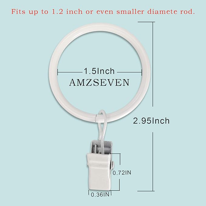 40 Pack Metal Curtain Rings with Clips, Drapery Clips Hooks, Decorative Curtain Rod Clips 1.5 in Interior Diameter, Rustproof White