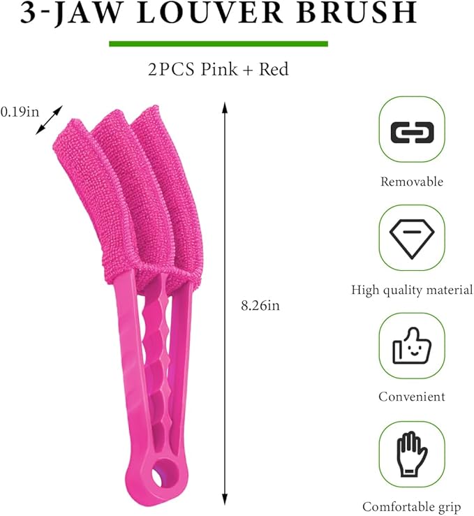 2 PCS Blind Cleaner Duster Tool, Window Venetian Hand-held 3 Arm Dusting Cleaner Brush, Blinds Cleaning Brush Tool for Window Shutters Air Conditioner, Car Accessories (Red+Pink)
