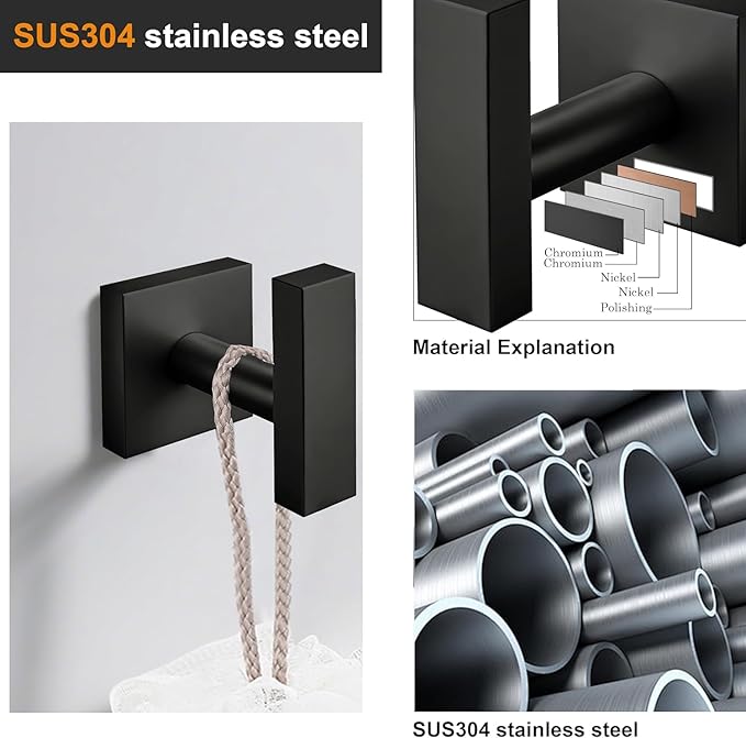 Towel Hooks for Bathrooms, Matte Black Towel Hook for Kitchen Bathroom, SUS304 Stainless Steel Coat Hook, Square Heavy Duty Holder Robe Hooks for Hanging Towels, Coats, sponges, Wall Mount, 2 Pack