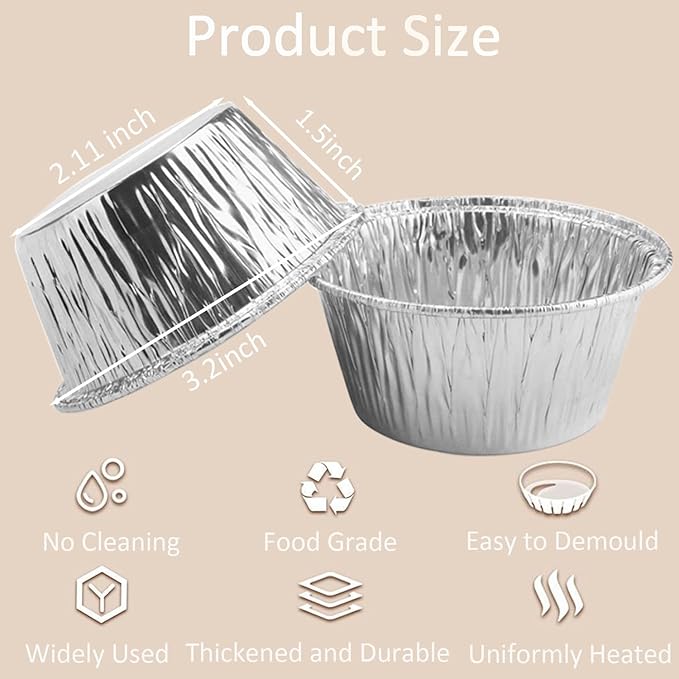 Aluminum Foil Baking Cups 150 Pcs, SUPPHOUS 4 Oz Disposable Ramekin Aluminum Cupcake liners, Silver Foil Baking Cups Muffin Liners for Cupcake, Baking, Egg Tart, Pudding, Creme Brulee