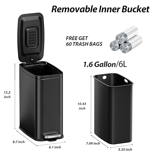 1.6 Gallon Black Bathroom Step Trash Can with Lid, Soft Close, Small Stainless Steel Garbage Can with Removable Inner Bucket, Includes 60 Trash Bags